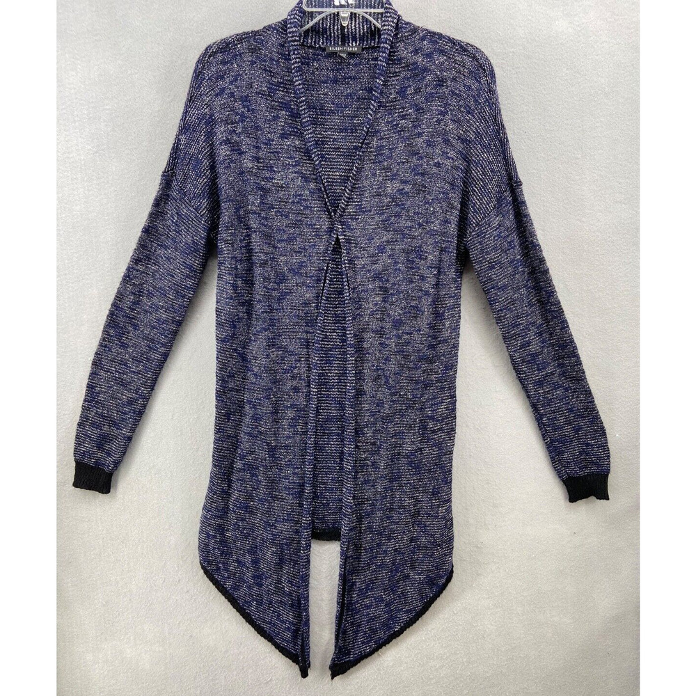 EILEEN FISHER Cardigan Small Karma Linen Blend OPEN FRONT Blue Black Minimalist